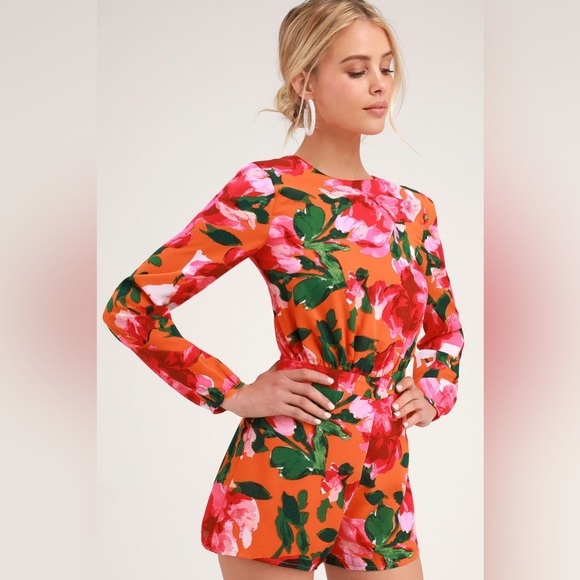 Lulu’s Sweetest Song Orange and Pink Floral Print Backless Long Sleeve Romper. - Picture 2 of 10